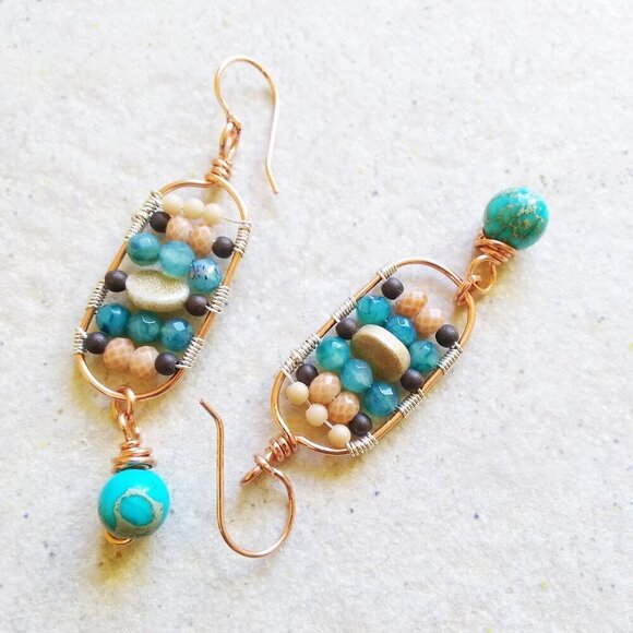 Gorgeous & One-of-a-kind Dangle Earrings! Upscale Boho City Chic! Teal & Cream - Picture 1 of 7